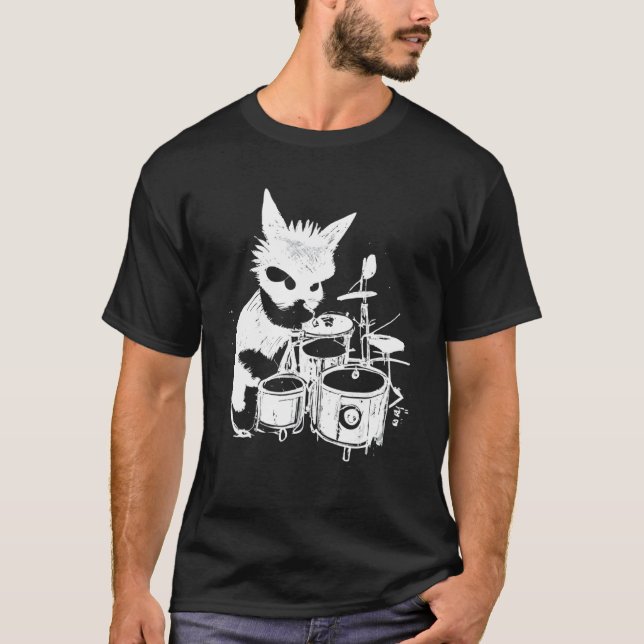 Camiseta Gato Punk Tocando Bateria 5 (Frente)