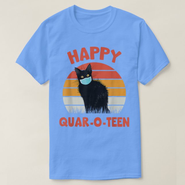 Camiseta Gato QuarOTeen Feliz com Cabelo Preto de Máscara (Frente do Design)