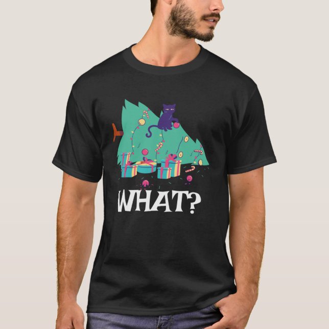 Camiseta Gato Que Gato Preto Com Árvore de Natal (Frente)