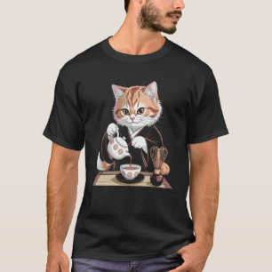 Camiseta Gato Quimono Bebendo Chá Arte Xilogravura