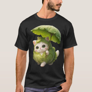 Camiseta Gato Repolho Fofo Guarda-Chuva Chuva Arte Kawaii
