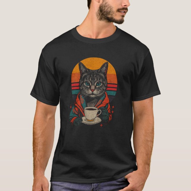 Camiseta Gato Retro Bebendo Café Synthwave Vaporwave Coff (Frente)