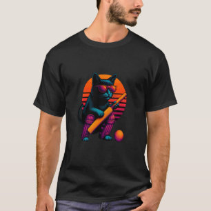 Camiseta Gato Retro Com Taco de Críquete Jogador de Críquet