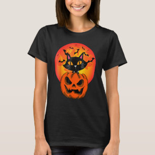 Camiseta Gato Retro de Halloween Morcegos e Lua Sangrenta F