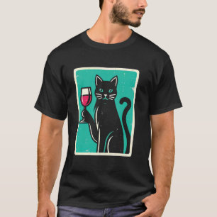 Camiseta Gato Retro Elegante Com Vinho Amante De Gatos Kitt