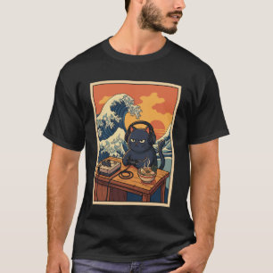 Camiseta Gato Retro Gamer com Ramen Grande Onda Fãs de Anim