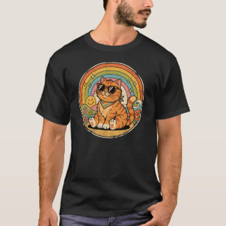 Camiseta Gato Retro Gatinho Arco-Íris Símbolo de Paz