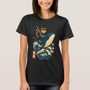 Camiseta Gato Retro Ninja Montando Baleia Japonês Ukiyo-e S