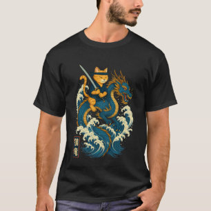 Camiseta Gato Retro Ninja Montando Dragão Japonês Ukiyo-e S