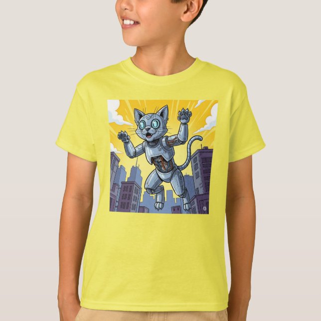 Camiseta Gato robô correndo bem na cidade! (Frente)