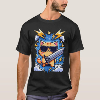Camiseta Gato Rochoso com Óculos Pretos e Espada em Estilo