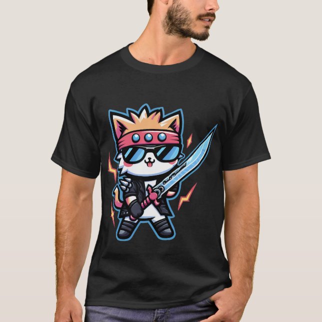 Camiseta Gato Rochoso com Óculos Pretos e Espada em Estilo (Frente)