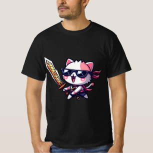 Camiseta Gato Rochoso com Óculos Pretos e Espada em Estilo