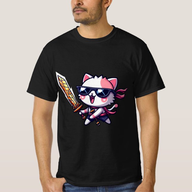 Camiseta Gato Rochoso com Óculos Pretos e Espada em Estilo (Frente)