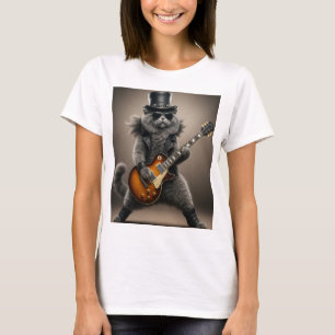 Camiseta Gato Rockstar Tocando Guitarra Elétrica em Couro  