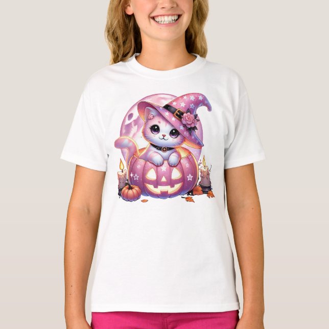 Camiseta Gato rosa e abóbora (Frente)
