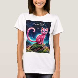 Camiseta Gato rosa fantástico na floresta mágica estelar no