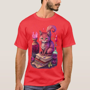 Camiseta Gato roxo bonito com livros e feitiços mágicos Par