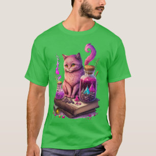 Camiseta Gato roxo bonito com livros e feitiços mágicos Par