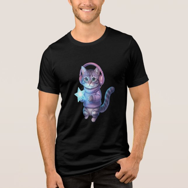 Camiseta Gato Roxo com Estrela e Fones de Ouvido (Frente)