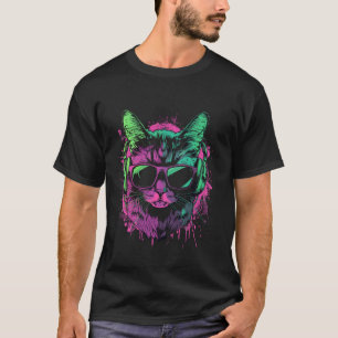 Camiseta gato roxo DJ com fones de ouvido e óculos de sol K