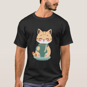 Camiseta Gato Ruivo Fofo Abraçando Caneca de Café Azul Turq