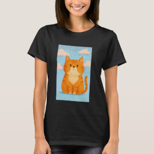 Camiseta Gato Ruivo Fofo com Céu Azul e Nuvens Rosas