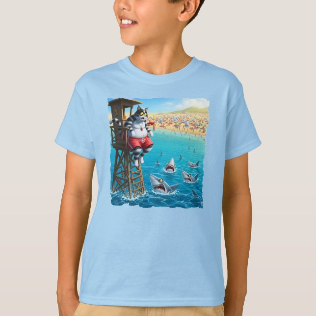 Camiseta Gato salva-vidas preso pela maré alta! (Frente)