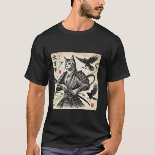 Camiseta Gato Samurai Arte com Tinta Estética Japonesa Trad
