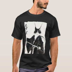 Camiseta Gato Samurai Arte Japonês a Tinta Guerreiro Vintag