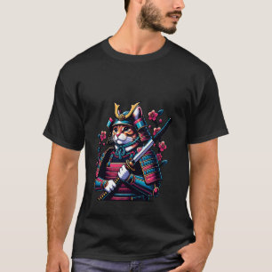 Camiseta Gato Samurai com Guerreiro Japão Flores de Cerejei