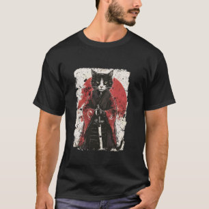 Camiseta Gato Samurai Com Katana Sol Vermelho Fantasia Japo