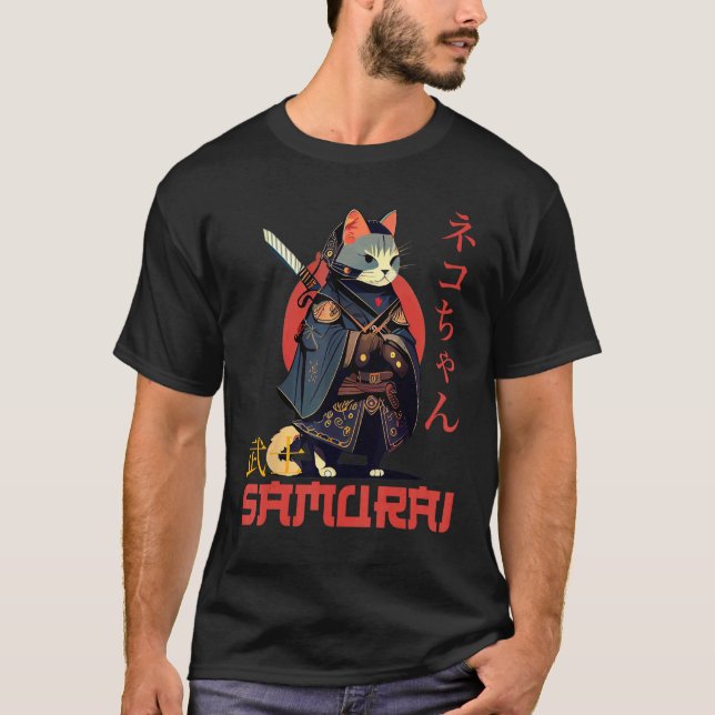 Camiseta Gato Samurai com Roupa de Ninja com Escrita Japone (Frente)