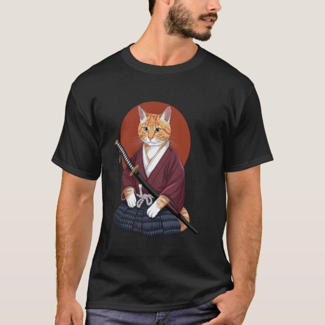 Camiseta Gato Samurai em Armadura Tradicional com Desenho d (Frente)