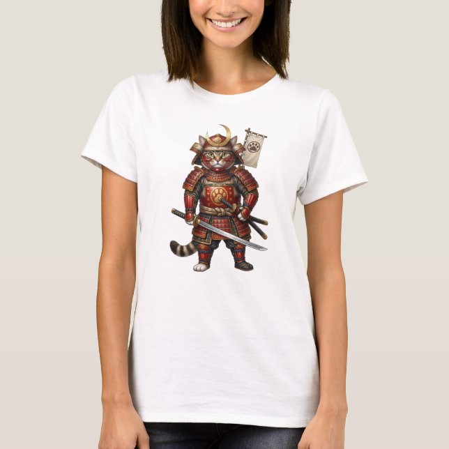 Camiseta Gato Samurai em Armadura Tradicional – com Espada (Frente)