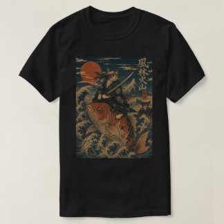 Camiseta Gato Samurai em Peixe Koi - Japonês Vintage