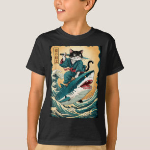 Camiseta Gato Samurai Engraçado Andando de Tubarão Vintage