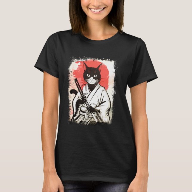 Camiseta Gato Samurai Estilo de Arte Japonês Ninja Samurai  (Frente)
