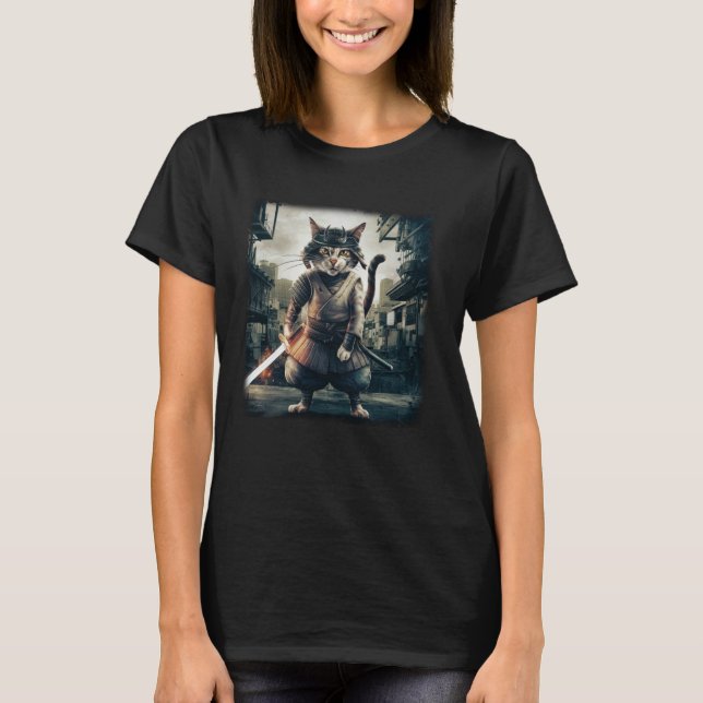 Camiseta Gato Samurai Guerreiro Japonês Vintage (Frente)