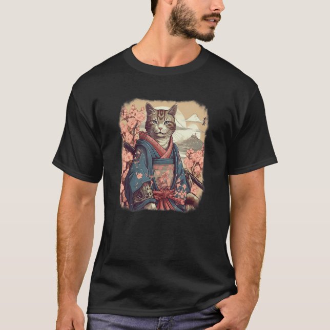 Camiseta Gato samurai  guerreiro ninja flores, lua, japonês (Frente)