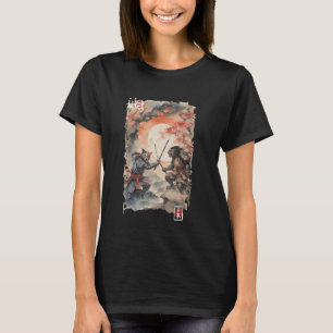 Camiseta Gato Samurai Japão vs Guerreiro Lobo Gráficos Vint
