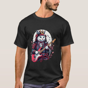 Camiseta Gato Samurai Japonês Tocando a Guitarra Elétrica.
