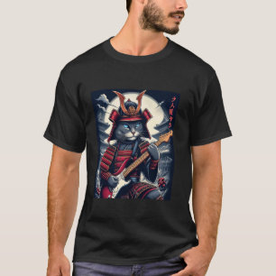 Camiseta Gato Samurai Japonês Tocando Guitarra Elétrica.