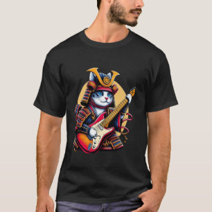 Camiseta Gato Samurai Japonês Tocando Guitarra Elétrica.