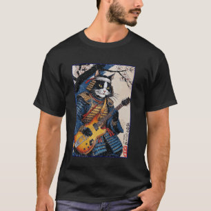 Camiseta Gato Samurai Japonês Tocando Guitarra Elétrica Uki