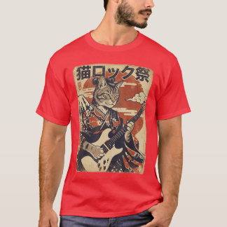 Camiseta Gato Samurai Japonês Tocando Guitarra Elétrica Vin
