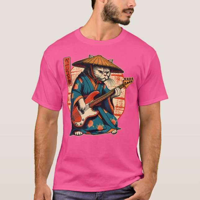 Camiseta Gato Samurai Japonês Tocando o Baixo (Frente)