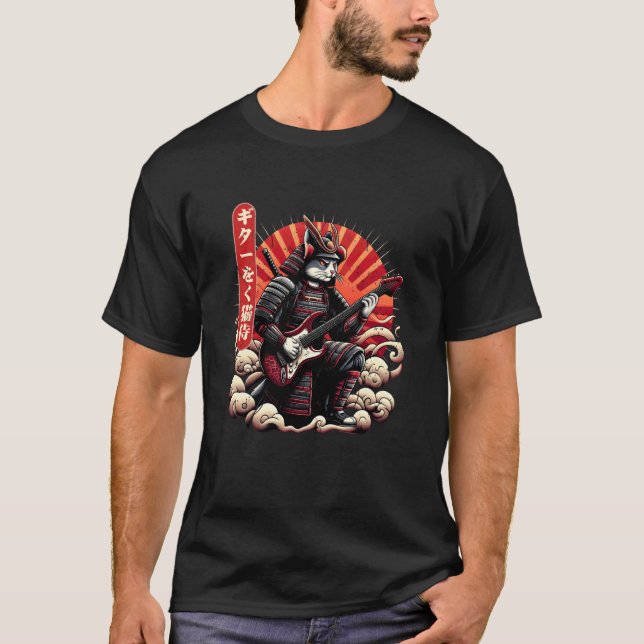 Camiseta Gato Samurai Japonês Ukiyo-E Tocando a Elétrica (Frente)