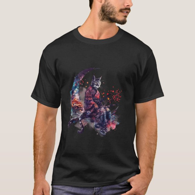 Camiseta Gato Samurai Lua Arte Japonesa Gato Ninja Japonês  (Frente)