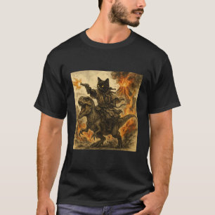 Camiseta Gato Samurai Montando Dinossauro em Erupção Vulcân